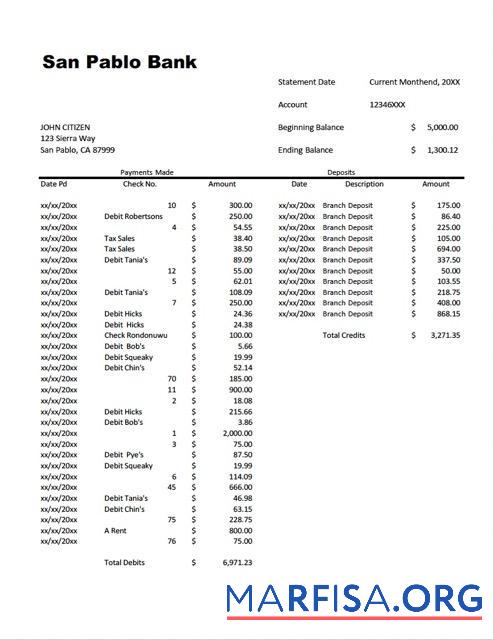Printable USA San Pablo bank account statement word download for verification